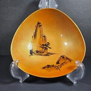 Vtg Handpainted 1940s Japanese Paper Mache Bowl 7.5" Beautiful Nature Scene
